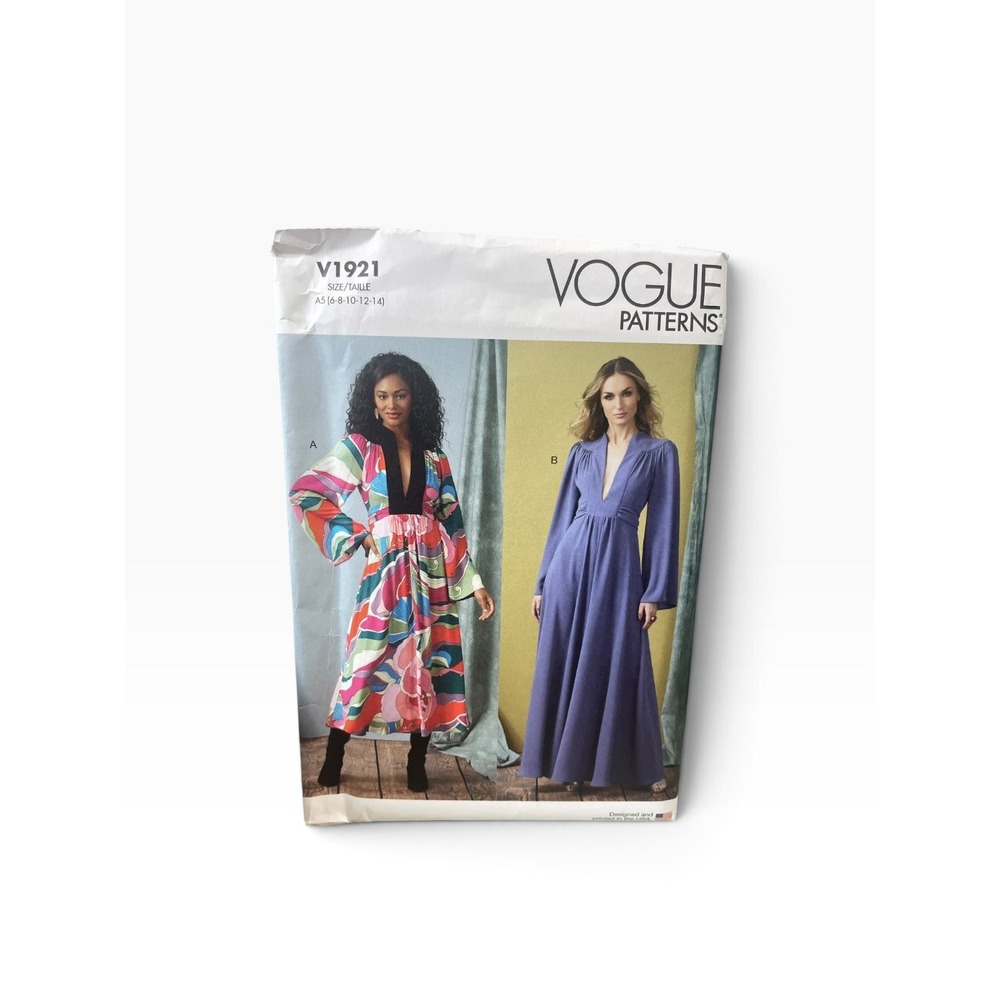Vogue V1921 Misses' Dress A5 6-8-10-12-14 V-Neck Long Sleeve Maxi Uncut